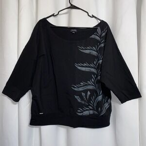 Tanoa Samoa Womens Top 2XL Black Silver Floral Design Polynesian Hawaiian Blouse